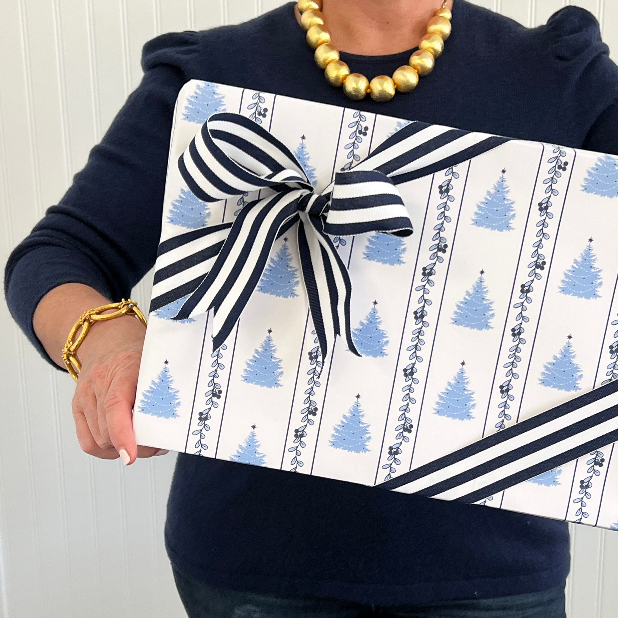 Blue Christmas Block Print Gift Wrap Sheets - WH Hostess Social Stationery